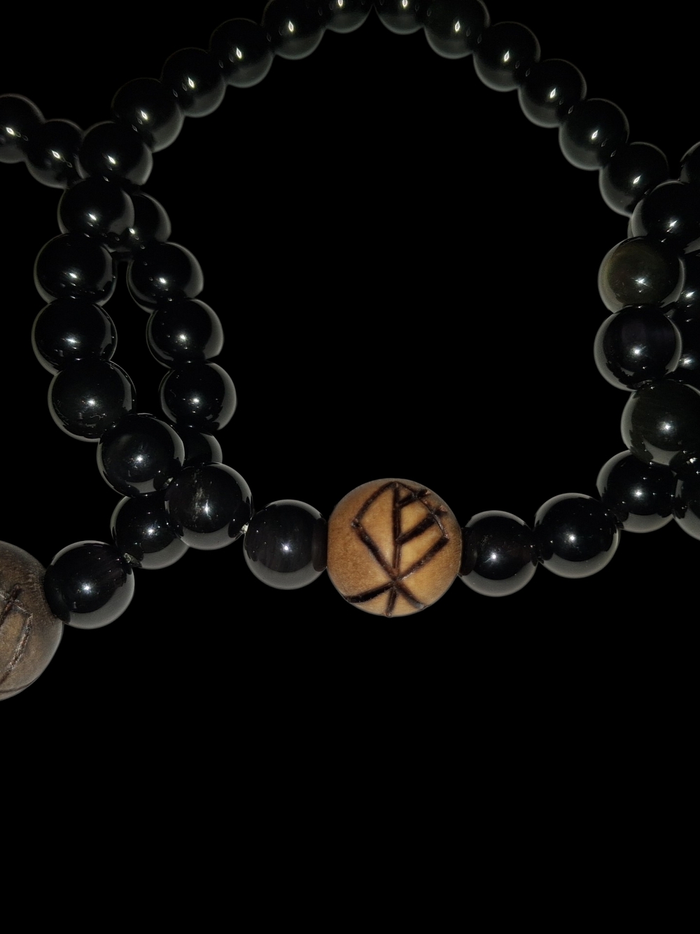Wolf Bind Rune Bracelet (Woodburned)- Genuine 8mm Black Obsidian